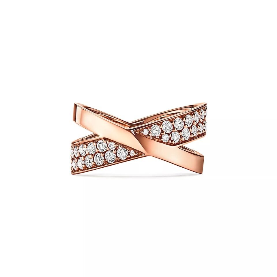 Tiffany X-shaped ring with rose gold and diamond inlay