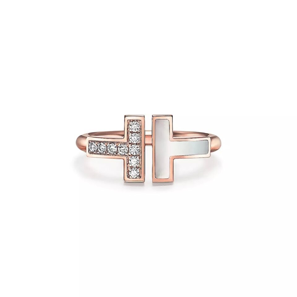 Tiffany T series coil rings with rose gold inlay of pearl shell