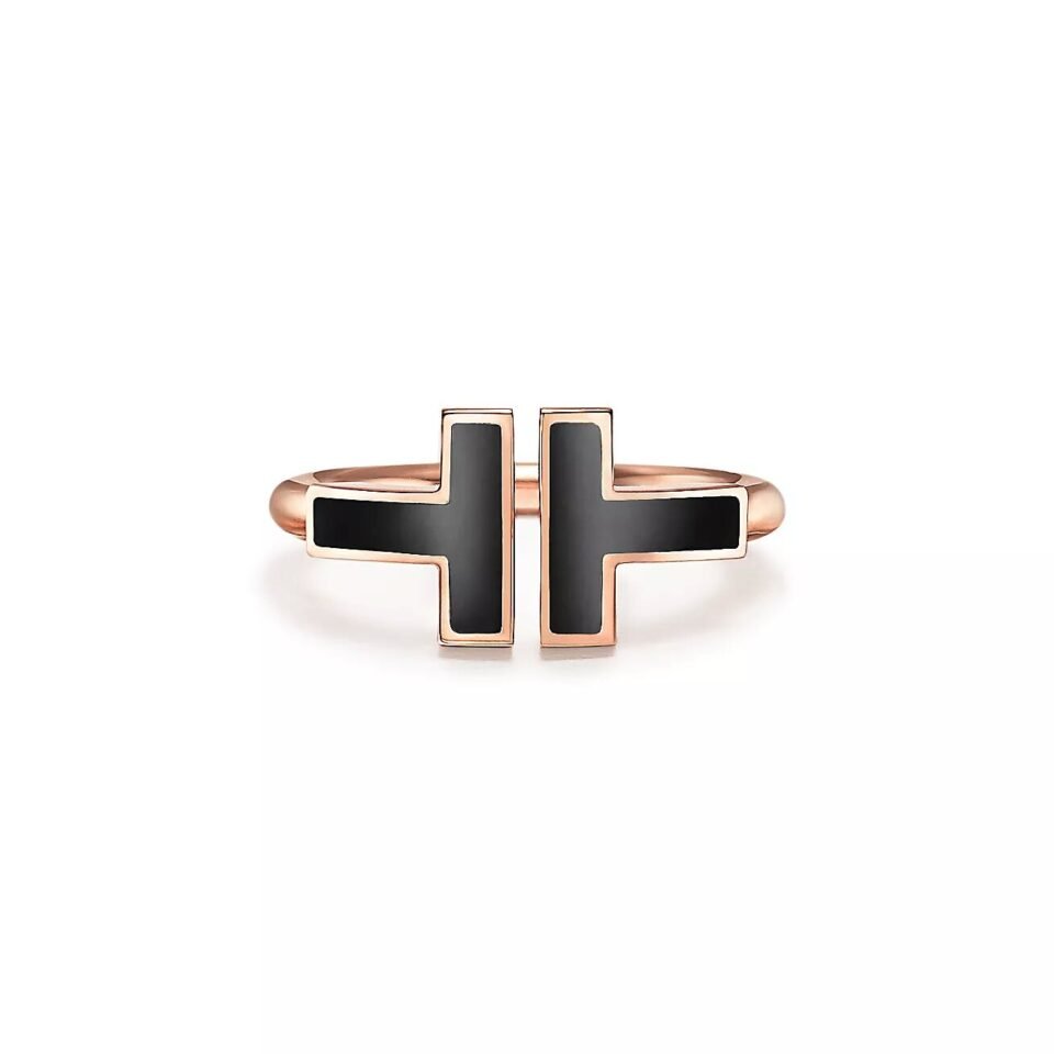 Tiffany T Series Black Coil Rings Rose Gold Inlaid with Black Stone