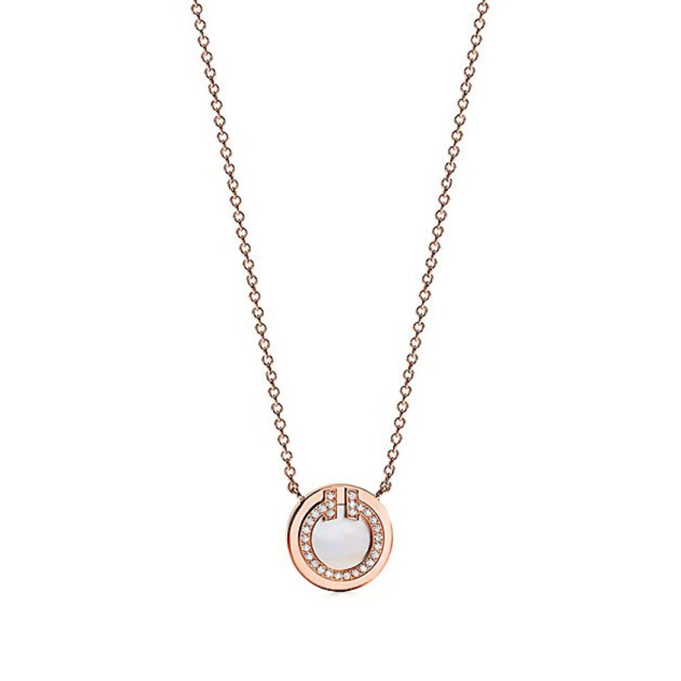 Tiffany T Series Loop Necklace Rose Gold Set with Diamonds and Mother of Pearl