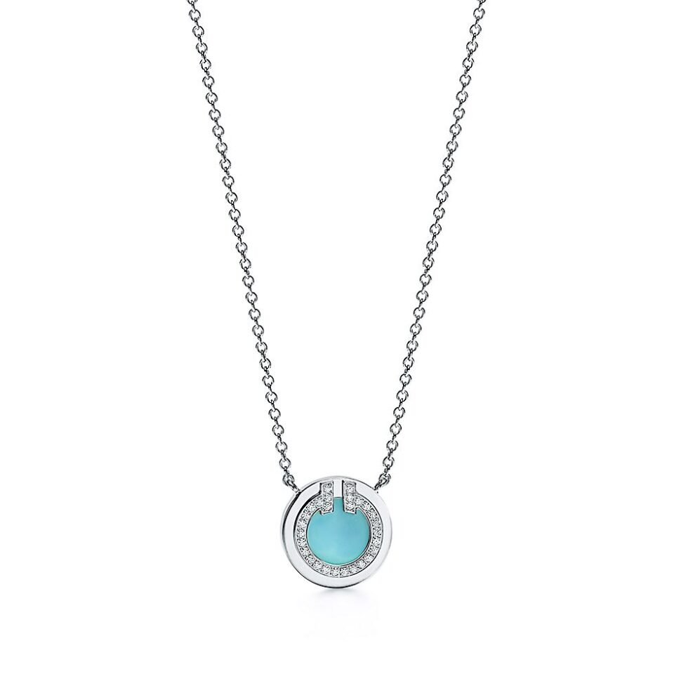 Tiffany T Series Circle Necklace Solid Silver S925 Set with Diamonds and Mother of Pearl