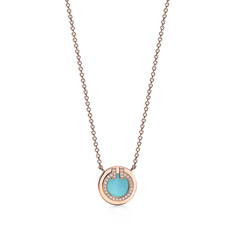 Tiffany T Series Loop Necklace Rose Gold Set with Diamonds and Turquoise