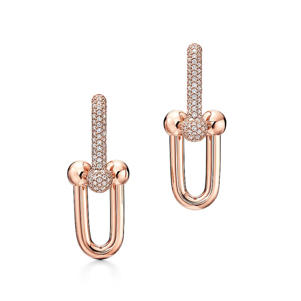 Tiffany HardWear series chain link earrings with rose gold and diamond inlay