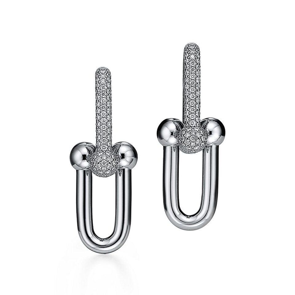Tiffany HardWear series chain link earrings made of pure silver S925 with diamond inlay