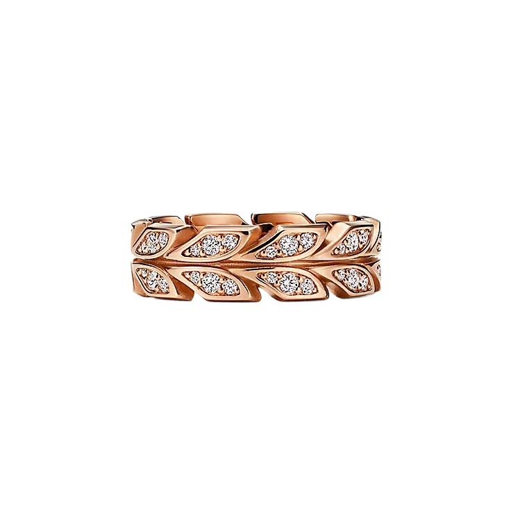 Tiffany & Co. Rings Rose Gold Fully Paved Stone Double Interwoven Olive Leaf Band Stackable Ring