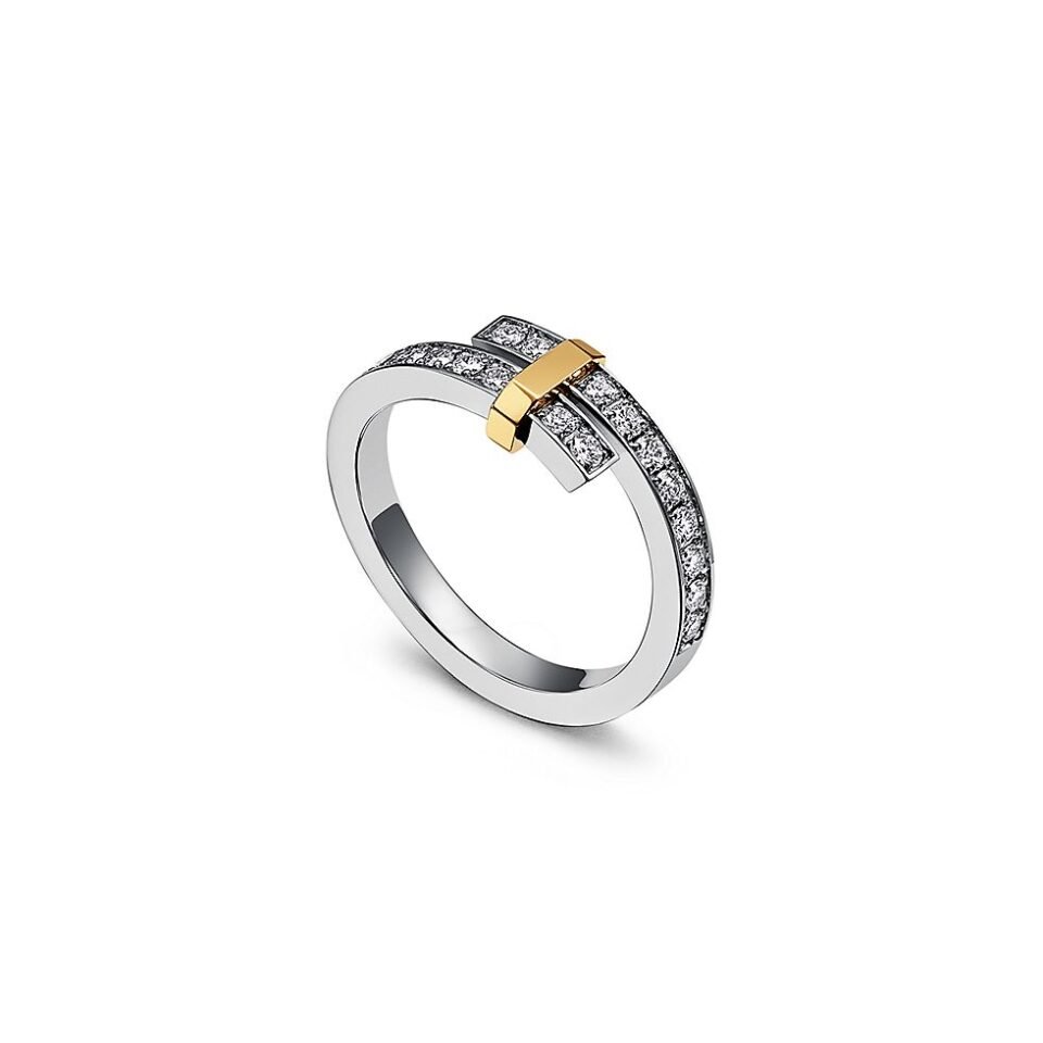 Tiffany & Co. Two-Tone Rings Gold Bar Full Paved Stone Silver Open Coil Wrap Fashion Rings
