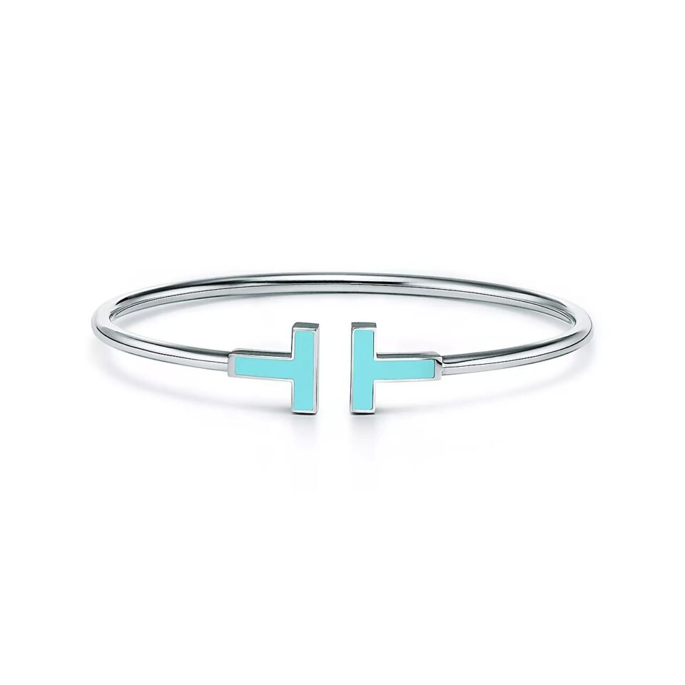 Tiffany T Series Coil Bracelets 925 Sterling Silver Set with Green Stones