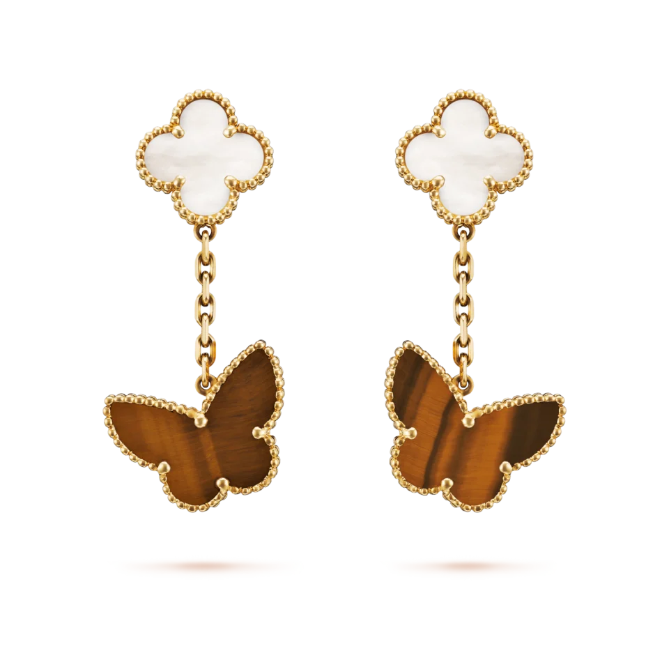 Van Cleef&Arpels Lucky Alhambra Earrings, 2 Pattern Gold Mother of Pearl, Tiger Eye Stone