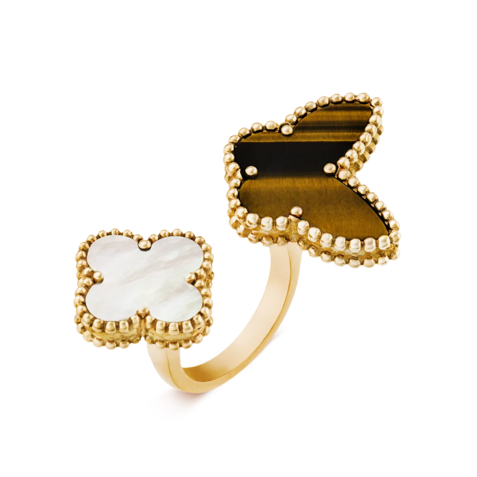 Van Cleef&Arpels Lucky Alhambra Finger Ring Gold Mother of Pearl, Tiger Eye Stone