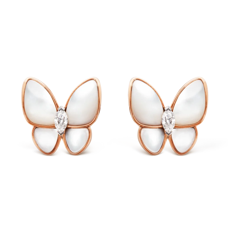 Van Cleef&Arpels Two Butterfly Earrings Rose Gold, Solid Silver S925 Mother of Pearl