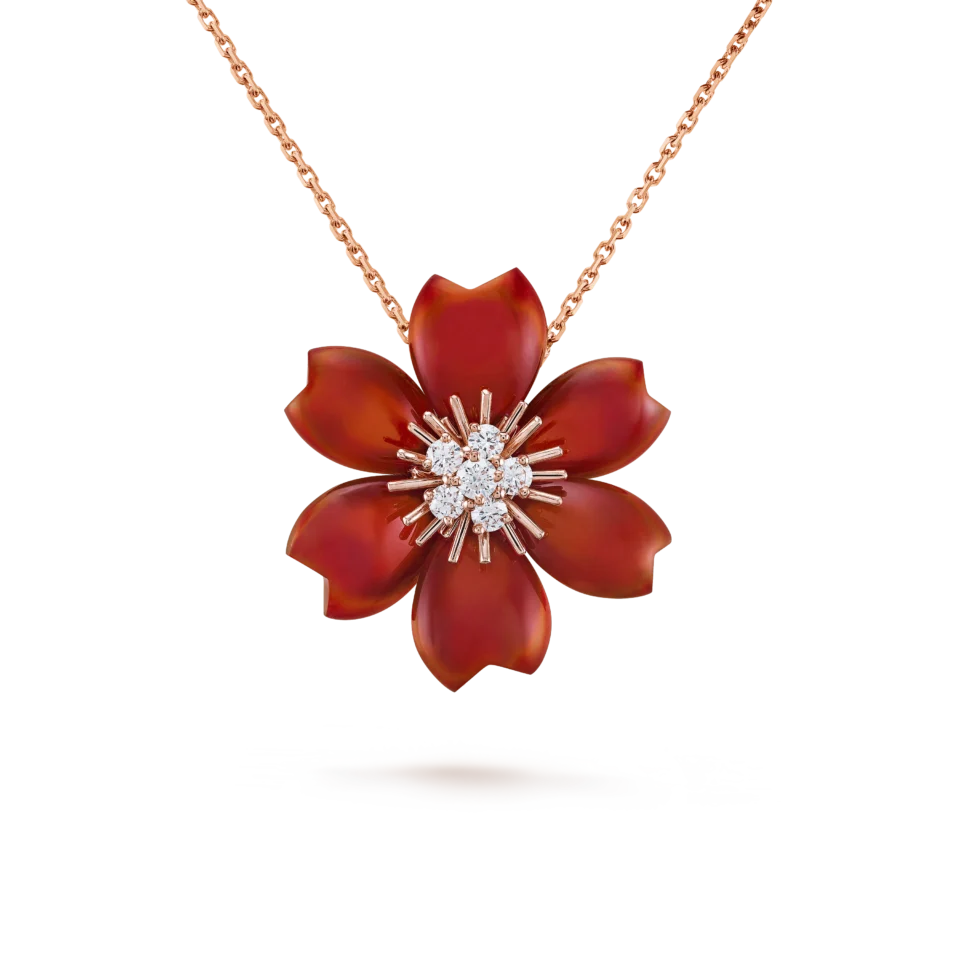 Van Cleef & Arpels Rose de No ë l pendant brooch necklace in rose gold and red chalcedony