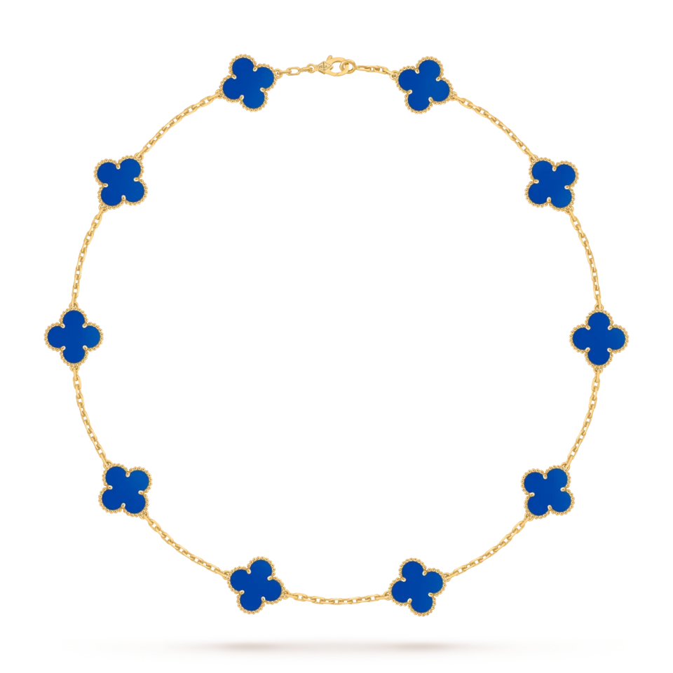 Van Cleef & Arpels Vintage Alhambra necklace with 10 lucky four leaf patterns in gold and agate