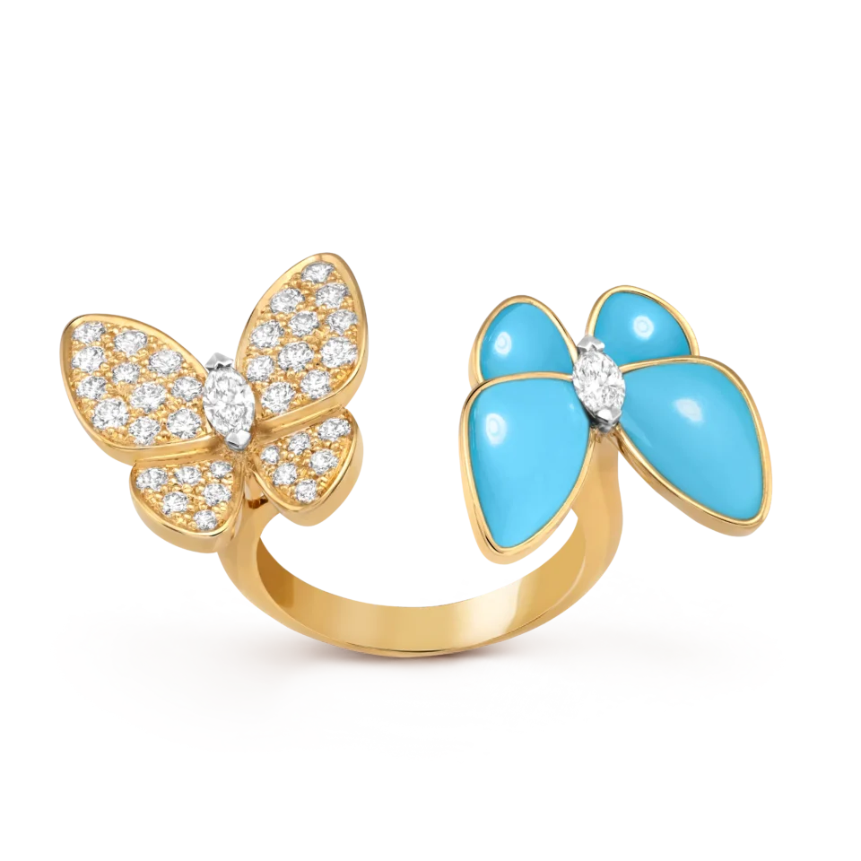 Van Cleef&Arpels Two Butterfly Finger Ring Gold+Solid Silver S925 Turquoise