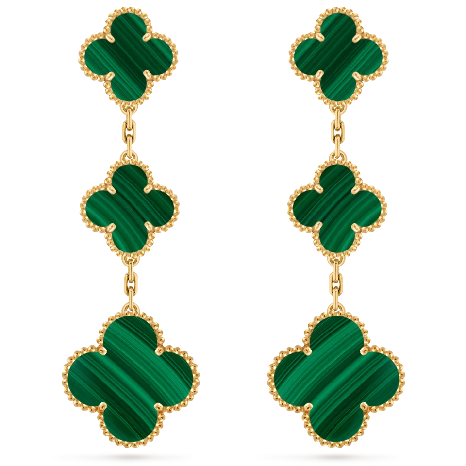 Van Cleef&Arpels Magic Alhambra Earrings, 3 Four Leaf Lucky Pattern Gold Peacock Stones
