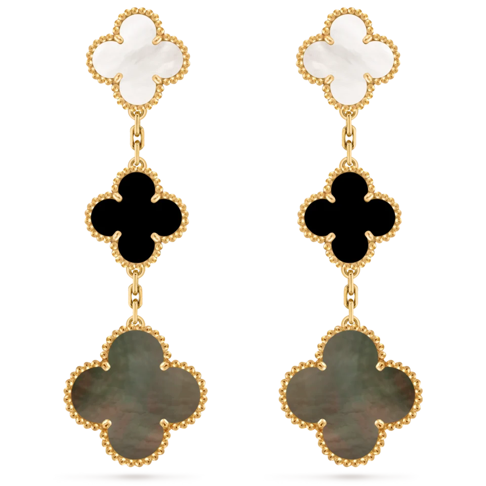 Van Cleef&Arpels Magic Alhambra Earrings, 3 Four Leaf Lucky Pattern Gold Mother of Pearl, Onyx