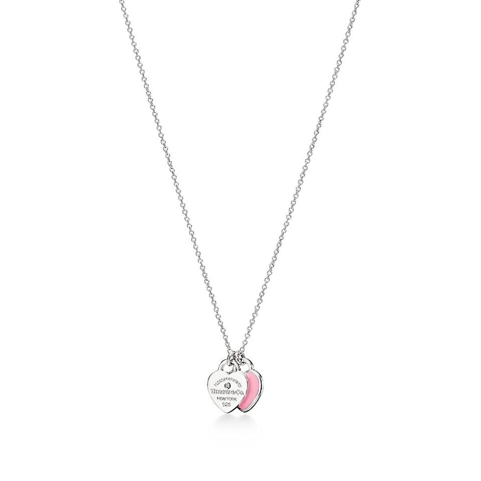 Return to Tiffany ™  Series Pink Double Heart Tag Necklace Solid Silver with Diamonds