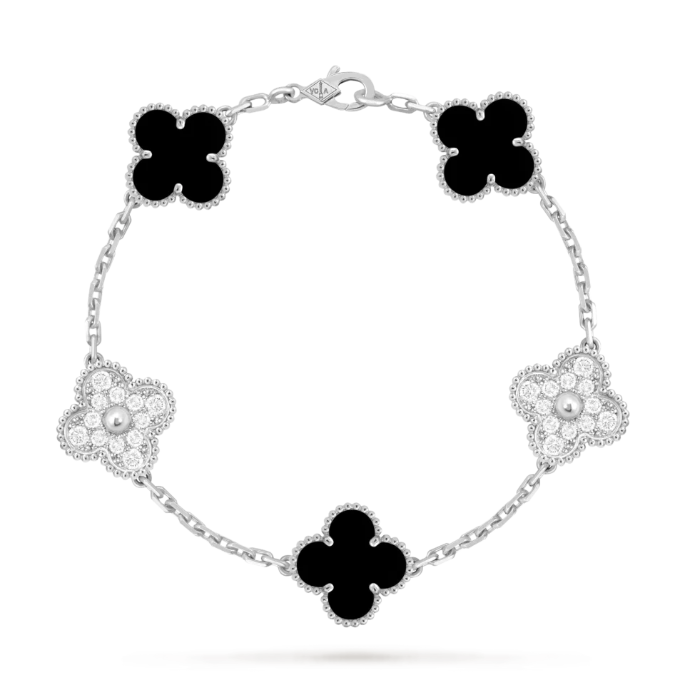 Van Cleef&Arpels Vintage Alhambra Bracelet, 5 Four Leaf Lucky Pattern Silver S925 Onyx, Diamond