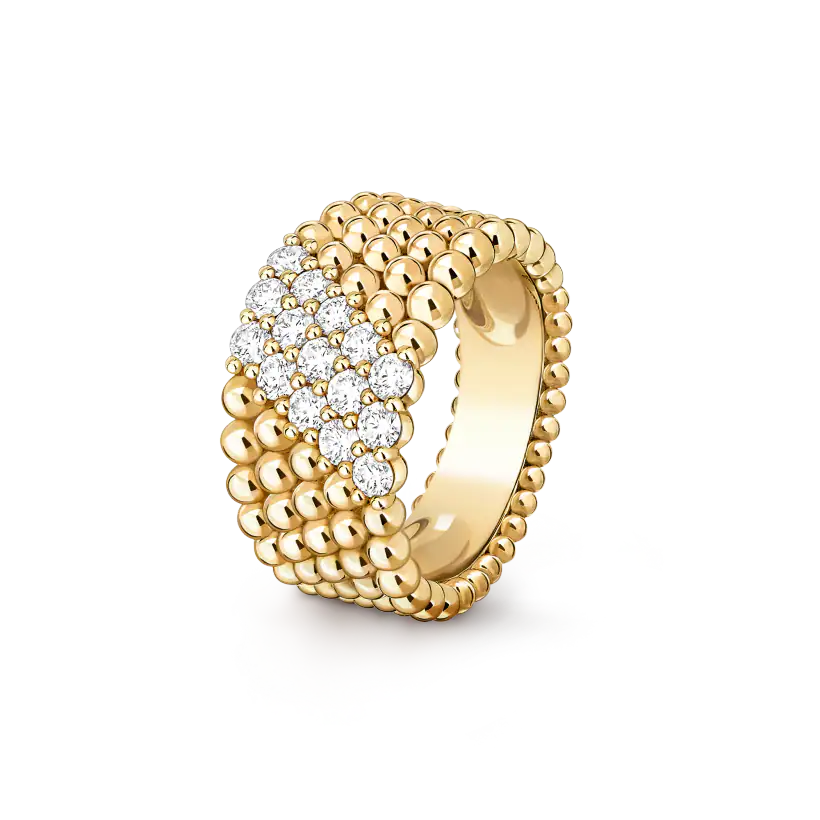 Van Cleef&Arpels Perl é e diamonds ring with 5 rows of diamond studded gold design