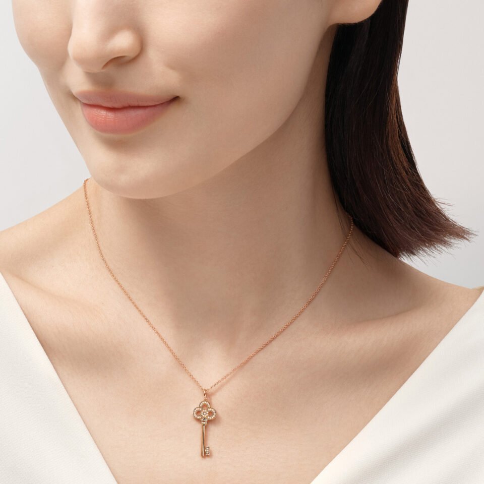 Tiffany Keys Mini Crown Key Pendant Rose Gold with Diamond Setting