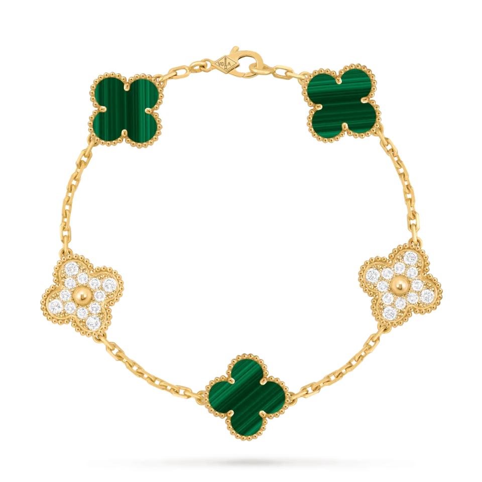 Van Cleef & Arpels Vintage Alhambra bracelet with 5 lucky four leaf patterns and golden peacock stones