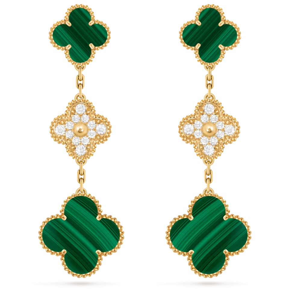 Van Cleef&Arpels Magic Alhambra Earrings, 3 Four Leaf Lucky Pattern Gold Peacock Stones, Diamonds