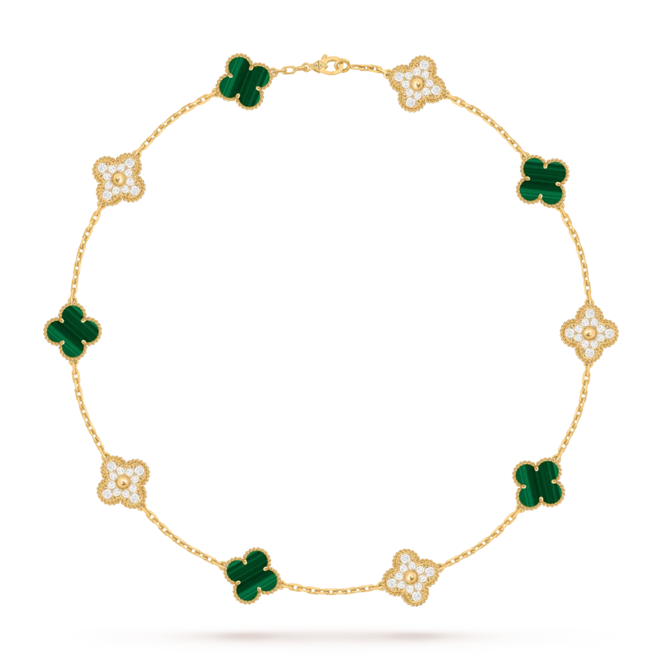 Van Cleef & Arpels Vintage Alhambra necklace with 10 lucky four leaf patterns and golden peacock stones
