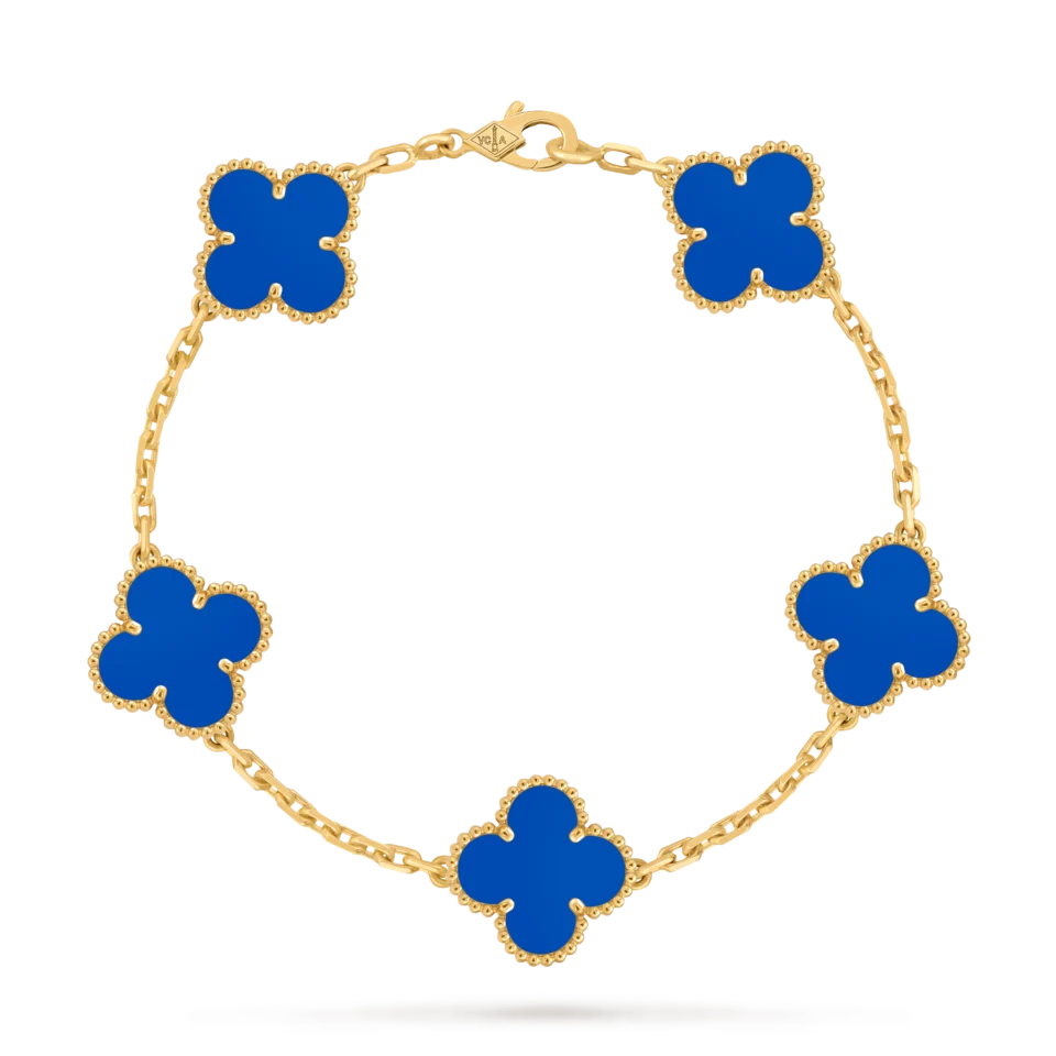 Van Cleef & Arpels Vintage Alhambra Bracelet, 5 Four Leaf Lucky Pattern Gold Agate