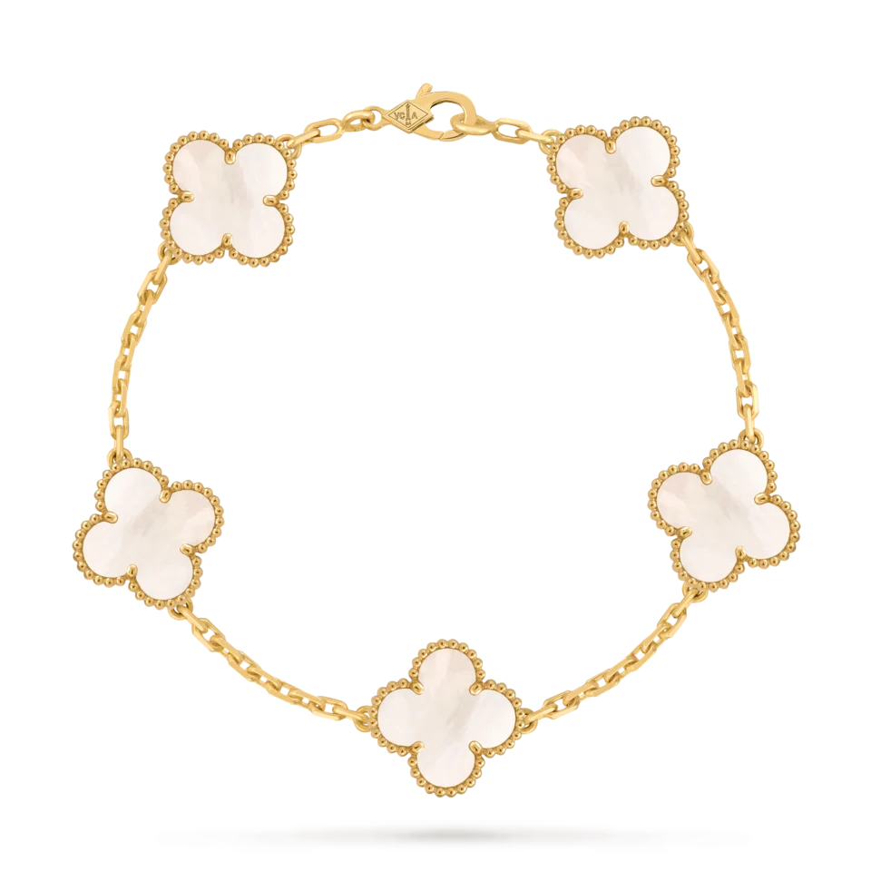 Van Cleef & Arpels Vintage Alhambra Bracelet, 5 Four Leaf Lucky Pattern Gold Mother of Pearl