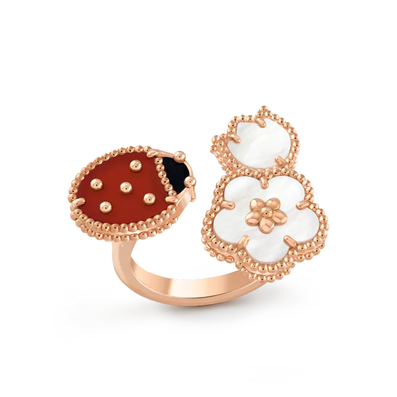 Lucky Spring Finger Ring Rose Gold, Mother of Pearl Shell, Ruby, Onyx