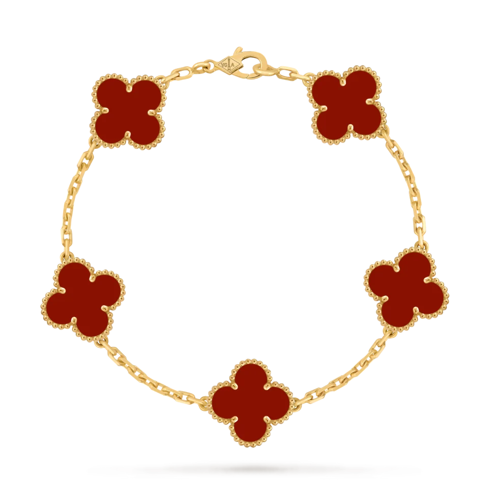 Van Cleef & Arpels Vintage Alhambra Bracelet, 5 Four Leaf Lucky Pattern Gold Red Jadeite