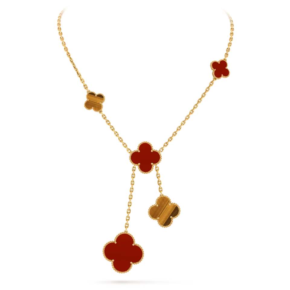 Van Cleef & Arpels Magic Alhambra necklace, featuring 6 lucky four leaf patterns in gold, red chalcedony, and tiger's eye stone