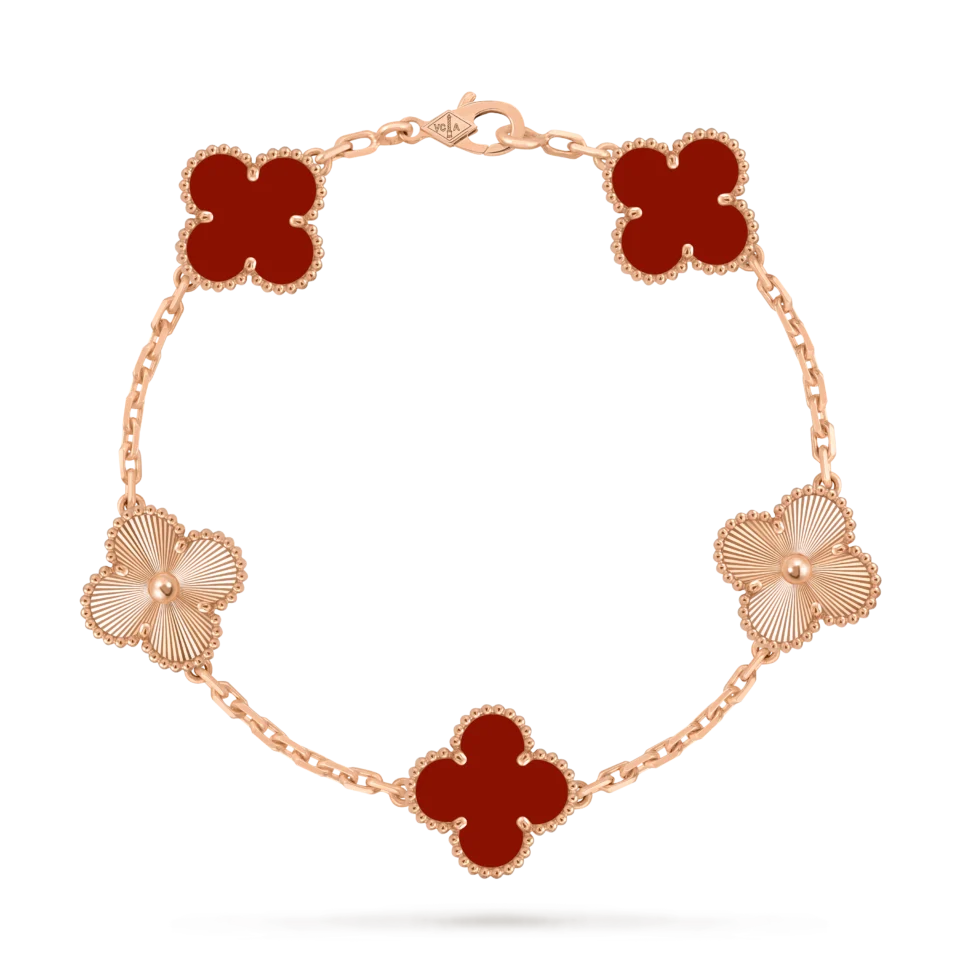Van Cleef & Arpels Vintage Alhambra Bracelet, 5 Four Leaf Lucky Pattern Rose Gold Rub