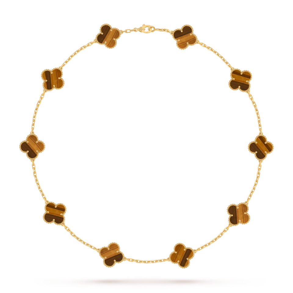 Van Cleef & Arpels Vintage Alhambra necklace, 10 pieces of four leaf lucky pattern in gold, tiger eye stone