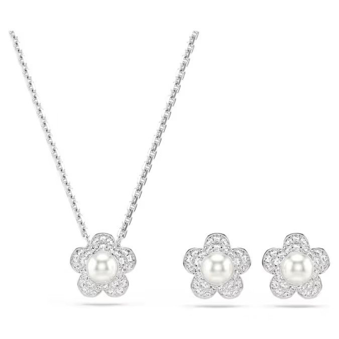 Swarovski Ariana Grande x Swarovski set, imitation crystal pearl, round cut, flower, white, rhodium plated