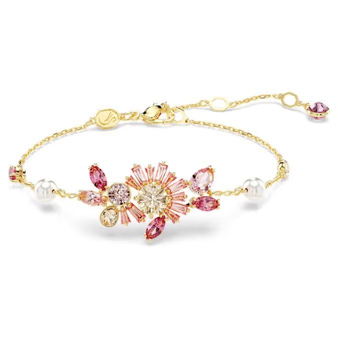Swarovski Gema Bracelet Imitation Crystal Pearl, Mixed Cut, Flower, Pink, Gold Finish