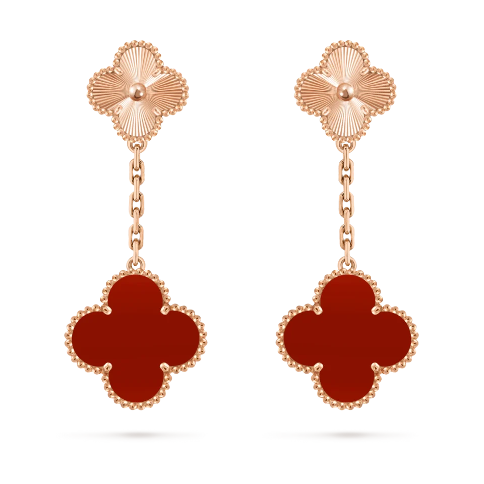 Van Cleef&Arpels Magic Alhambra Earrings, 2 Four Leaf Lucky Pattern Rose Gold, Ruby