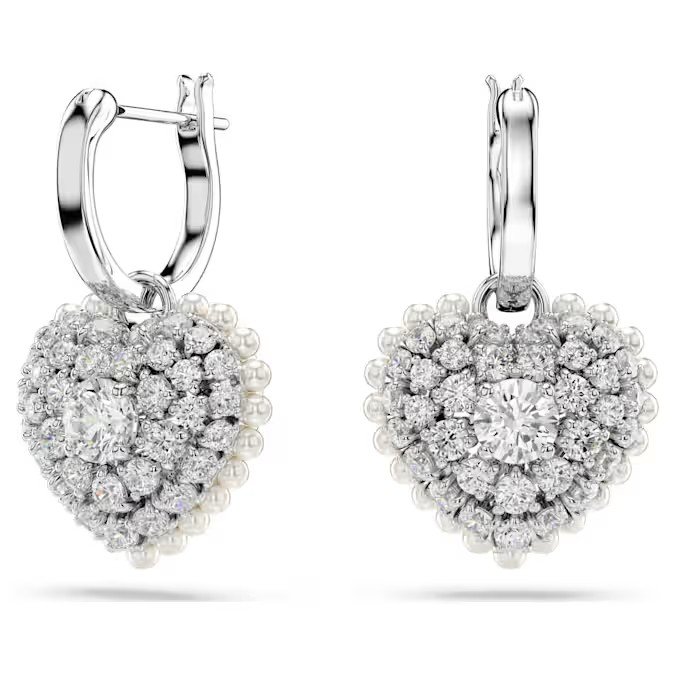 Swarovski Idyllia Water Drop shaped Earrings Imitation Crystal Pearl, Heart shaped, White, Pure Silver S925