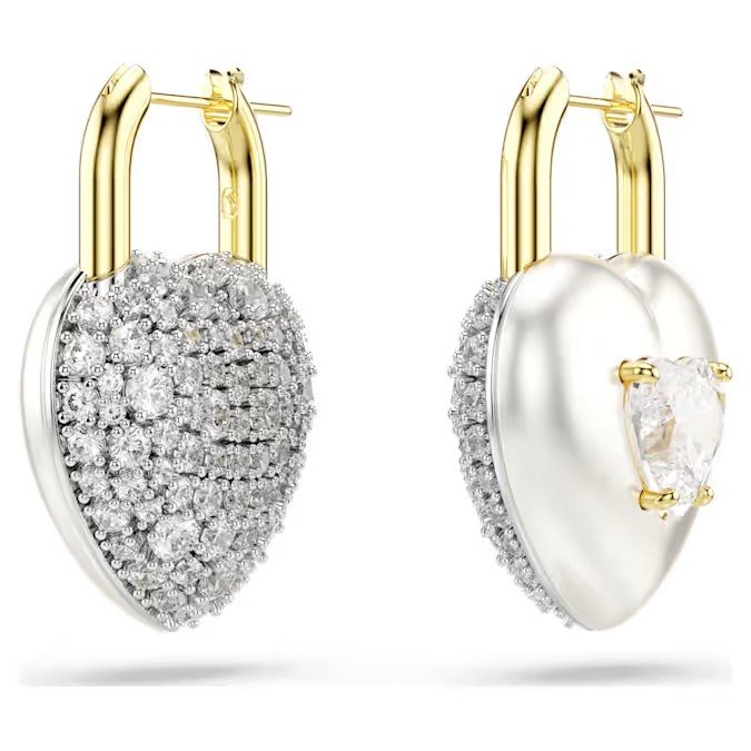 Swarovski Idyllia teardrop shaped earrings with mixed cutting, heart-shaped, white, gold finish