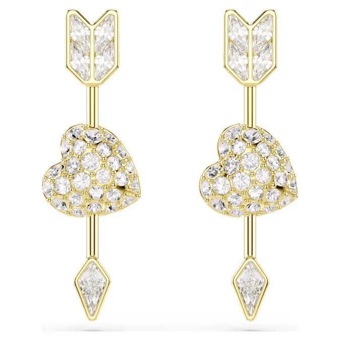 Swarovski Idyllia teardrop shaped earrings with mixed cutting, heart shape and arrow, white, gold finish