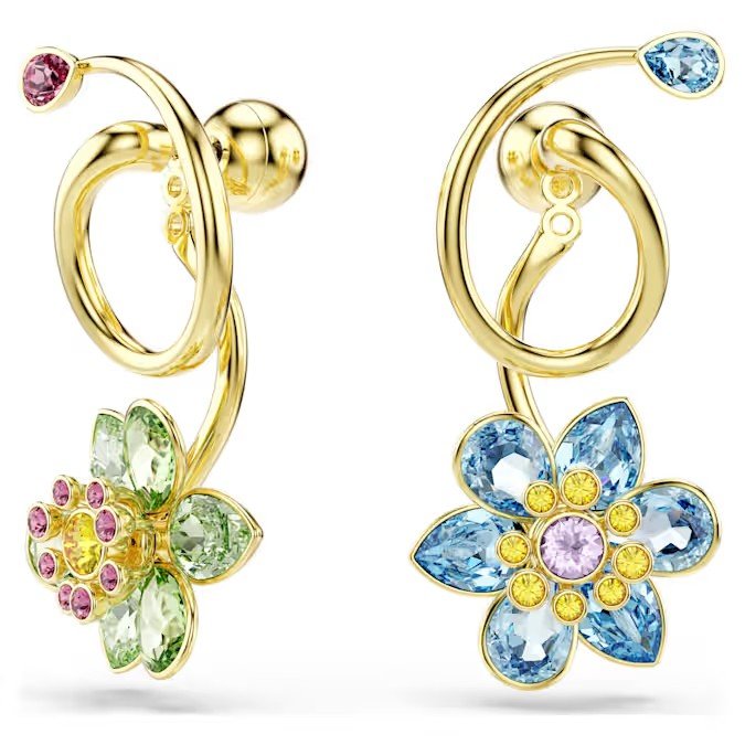 Swarovski Idyllia teardrop shaped earrings with asymmetric design, mixed cutting, flowers, shimmering colors, gold finish