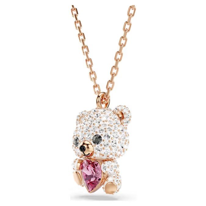 Swarovski Idyllia pendant mixed cut, teddy bear, white, rose gold finish