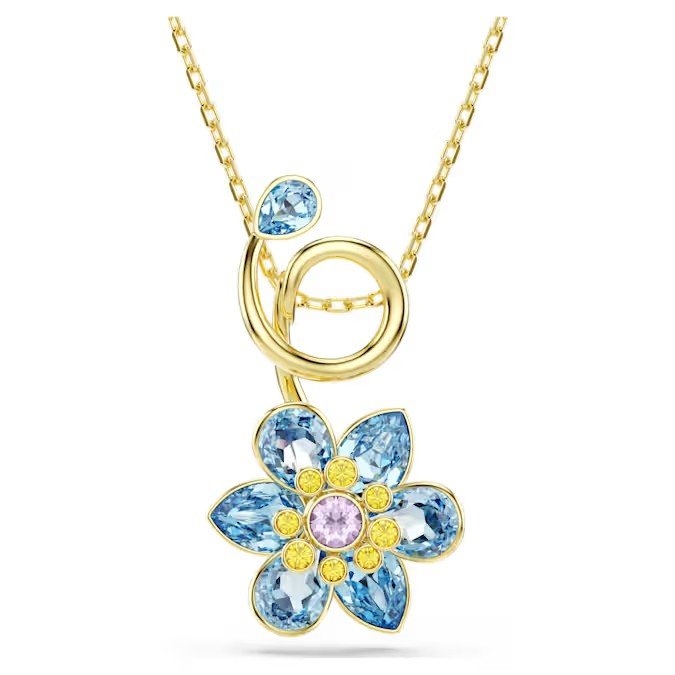 Swarovski Idyllia pendant necklace with mixed cutting, floral, blue, gold finish
