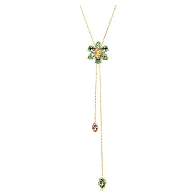 Swarovski Idyllia Y-shaped pendant necklace mixed cut, flower, shimmering color, gold finish mixed cut, flower, shimmering color, gold finish