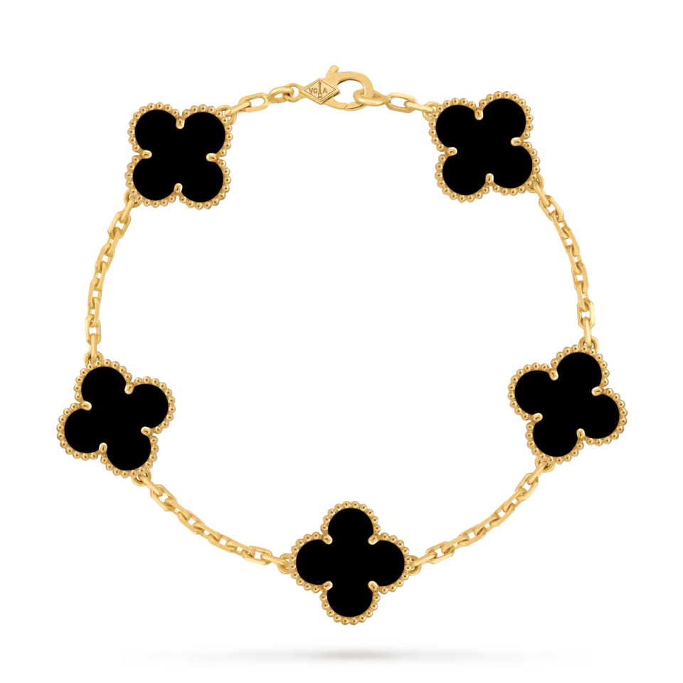 Van Cleef & Arpels Vintage Alhambra Bracelet, 5 Four Leaf Lucky Pattern Gold Onyx