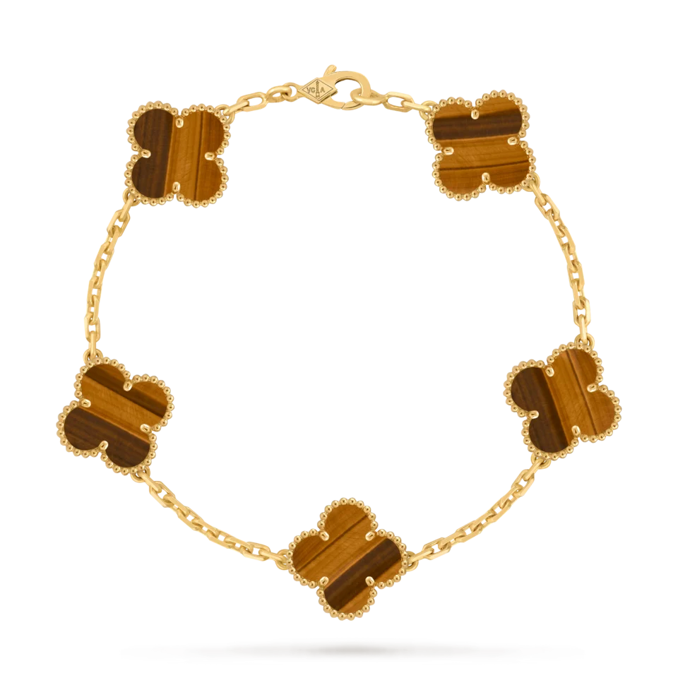 Van Cleef & Arpels Vintage Alhambra Bracelet, 5 Four Leaf Lucky Pattern Gold Tiger Eye Stones