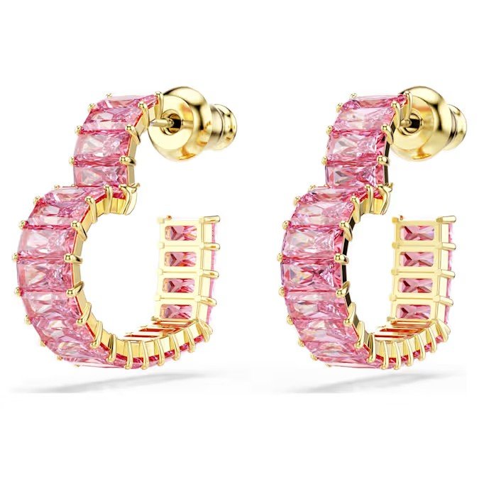 Swarovski Matrix large hoop earrings with rectangular cut, heart-shaped, pink, gold finish