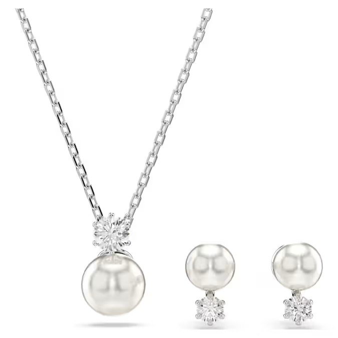 Swarovski Matrix set of imitation crystal pearls, round cut, white, pure silver S925