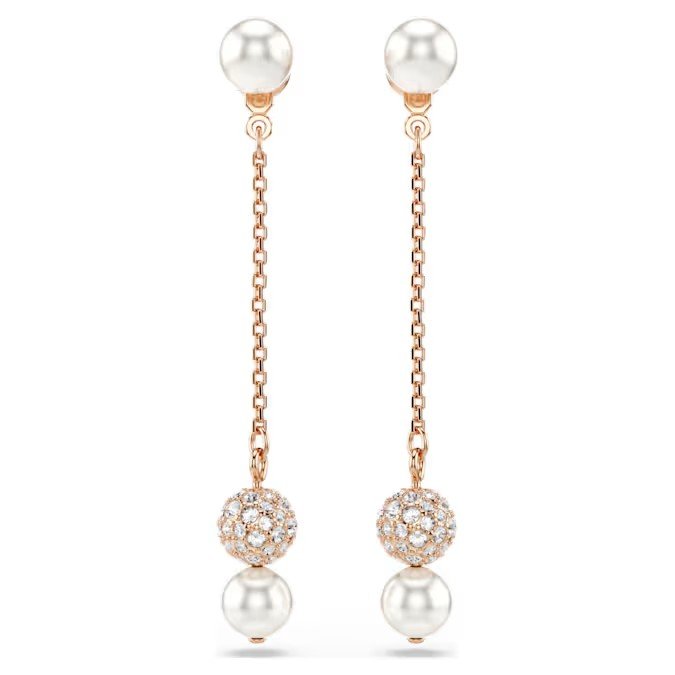 Swarovski Matrix Droplet shaped Earrings Imitation Crystal Pearl, Round Cut, White, Rose Gold Finish