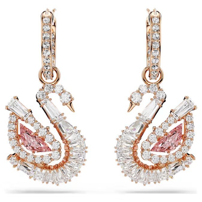 Swarovski Swan Droplet Earrings Set in Swan, Pink, Rose Gold Finish