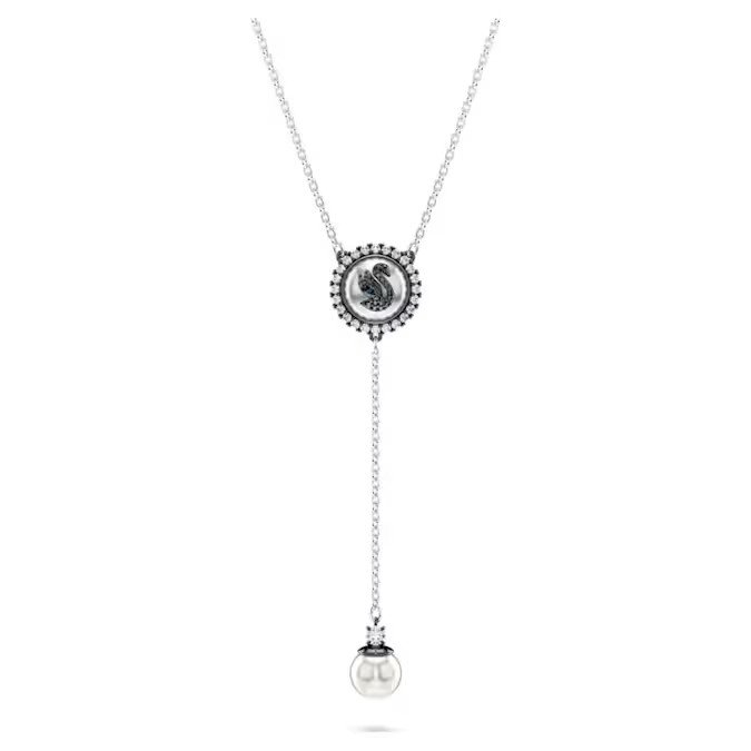 Swarovski Swan Y-shaped pendant, imitation crystal pearl, swan, gray sterling silver S925